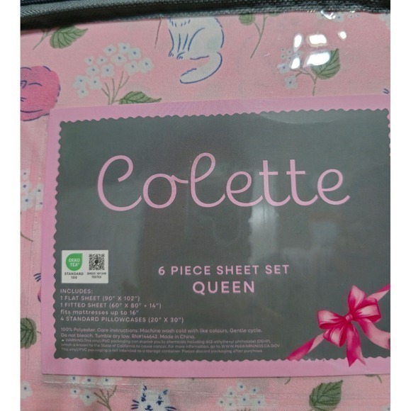 Colette Pink Cat Floral 6 Piece Sheet Set Queen NWT - Picture 3 of 6